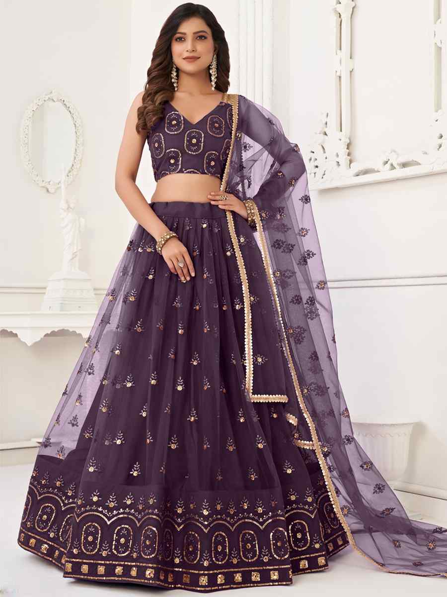 Purple Butterfly Net Embroidered Bridesmaid Wedding Heavy Border Lehenga Choli