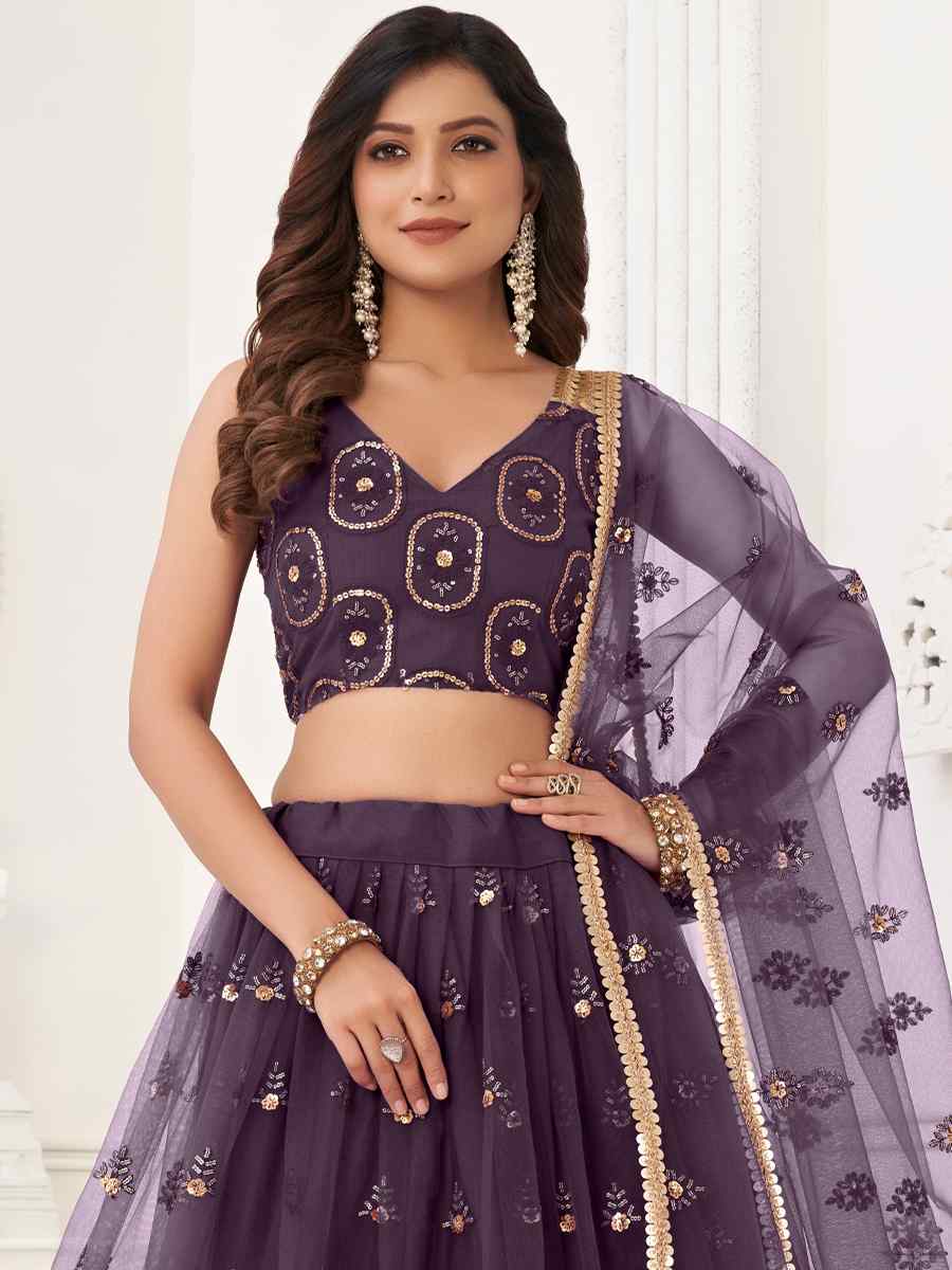 Purple Butterfly Net Embroidered Bridesmaid Wedding Heavy Border Lehenga Choli