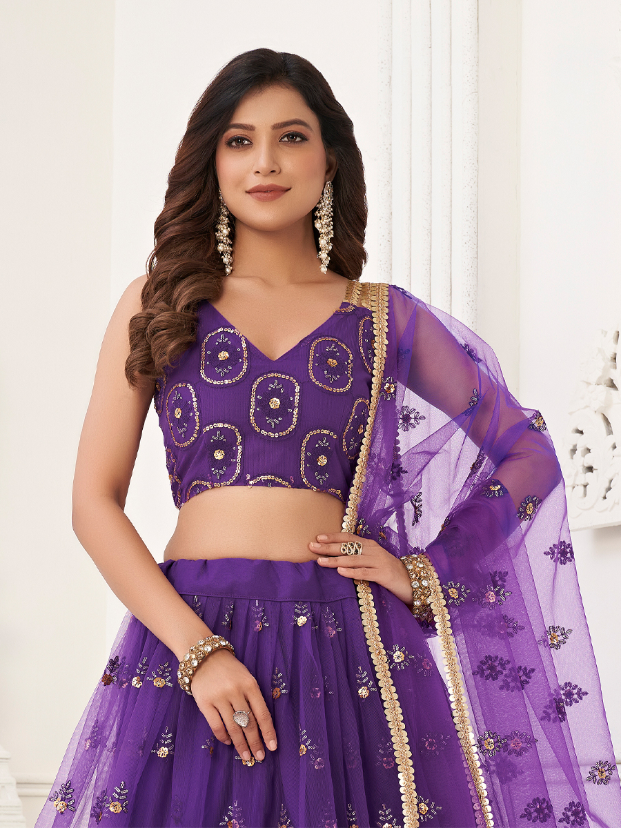 Purple Butterfly Net Embroidered Party Wear Festival Heavy Border Lehenga Choli