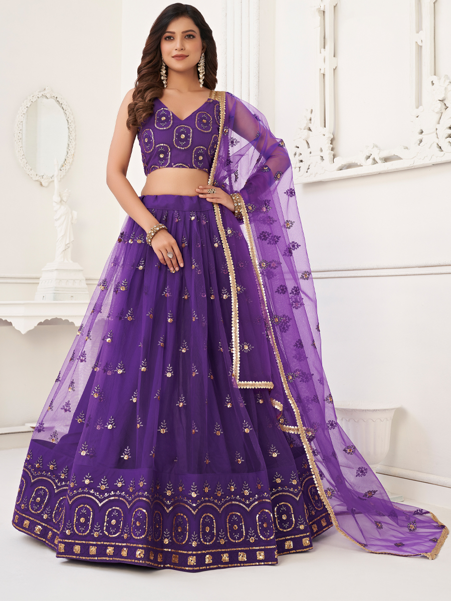 Purple Butterfly Net Embroidered Party Wear Festival Heavy Border Lehenga Choli