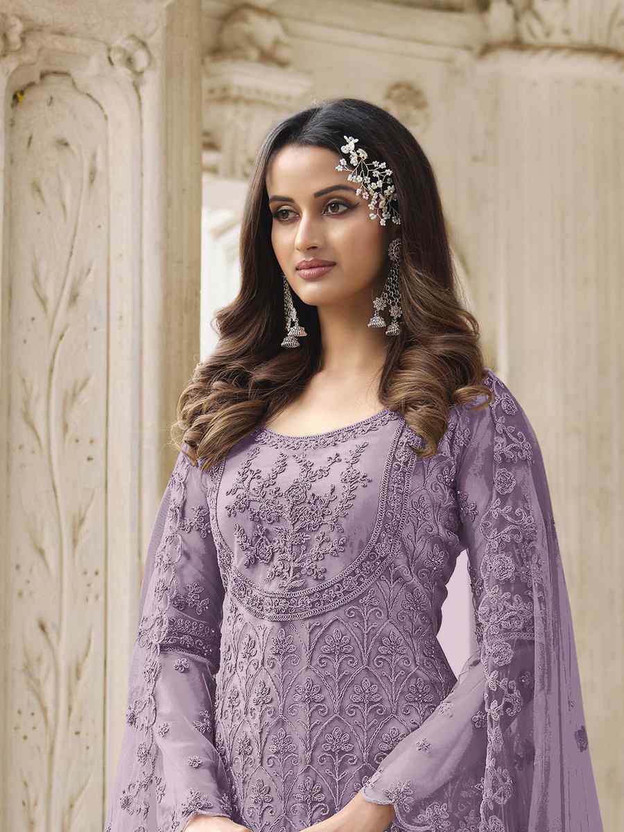Purple Butterfly Net Embroidered Wedding Party Palazzo Pant Salwar Kameez