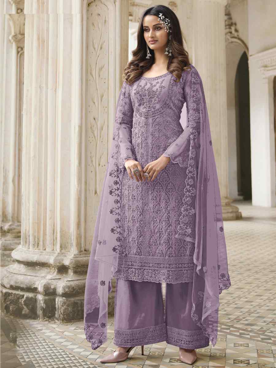 Purple Butterfly Net Embroidered Wedding Party Palazzo Pant Salwar Kameez