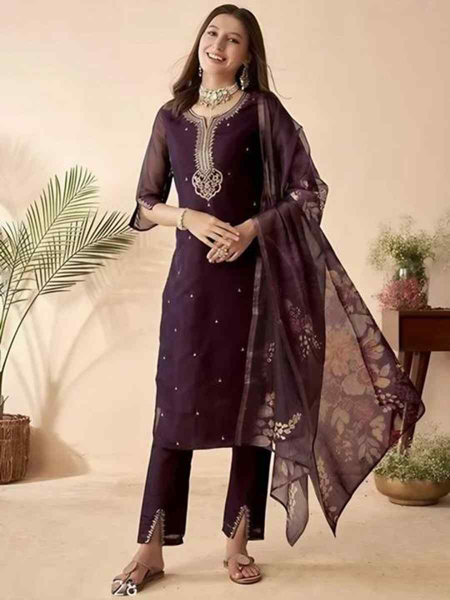 Purple Chanderi Embroidered Festival Mehendi Ready Pant Salwar Kameez