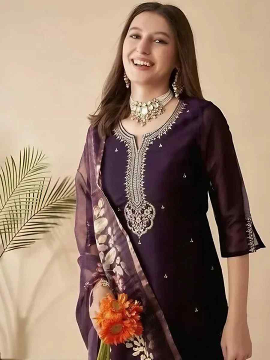 Purple Chanderi Embroidered Festival Mehendi Ready Pant Salwar Kameez
