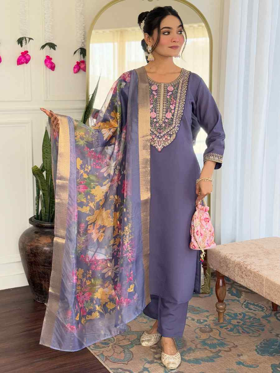 Purple Chanderi Embroidery Party Wedding Festival Casual Ready Pant Salwar Kameez