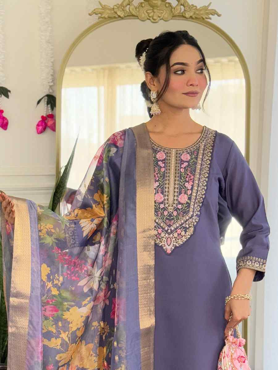Purple Chanderi Embroidery Party Wedding Festival Casual Ready Pant Salwar Kameez