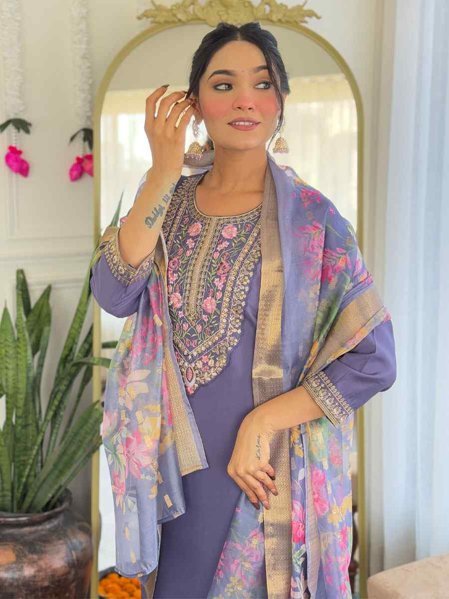 Purple Chanderi Embroidery Party Wedding Festival Casual Ready Pant Salwar Kameez