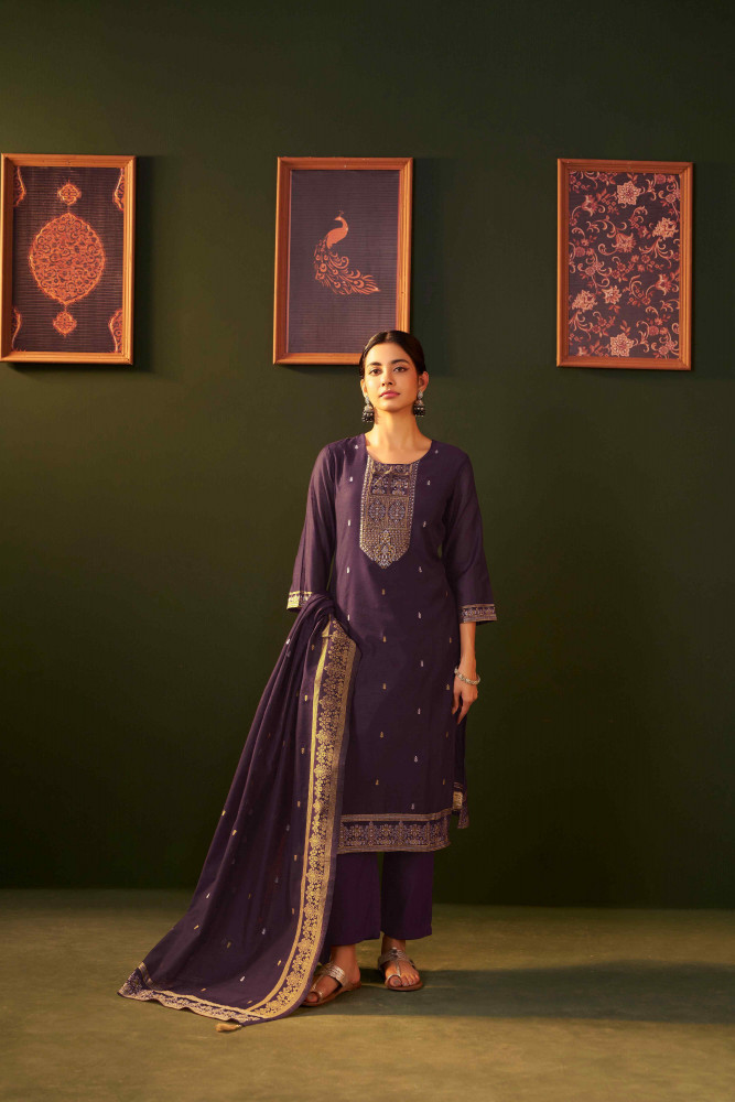 Image of Purple Chanderi Handwoven Party Wedding Festival Casual Ready Pant Salwar Kameez