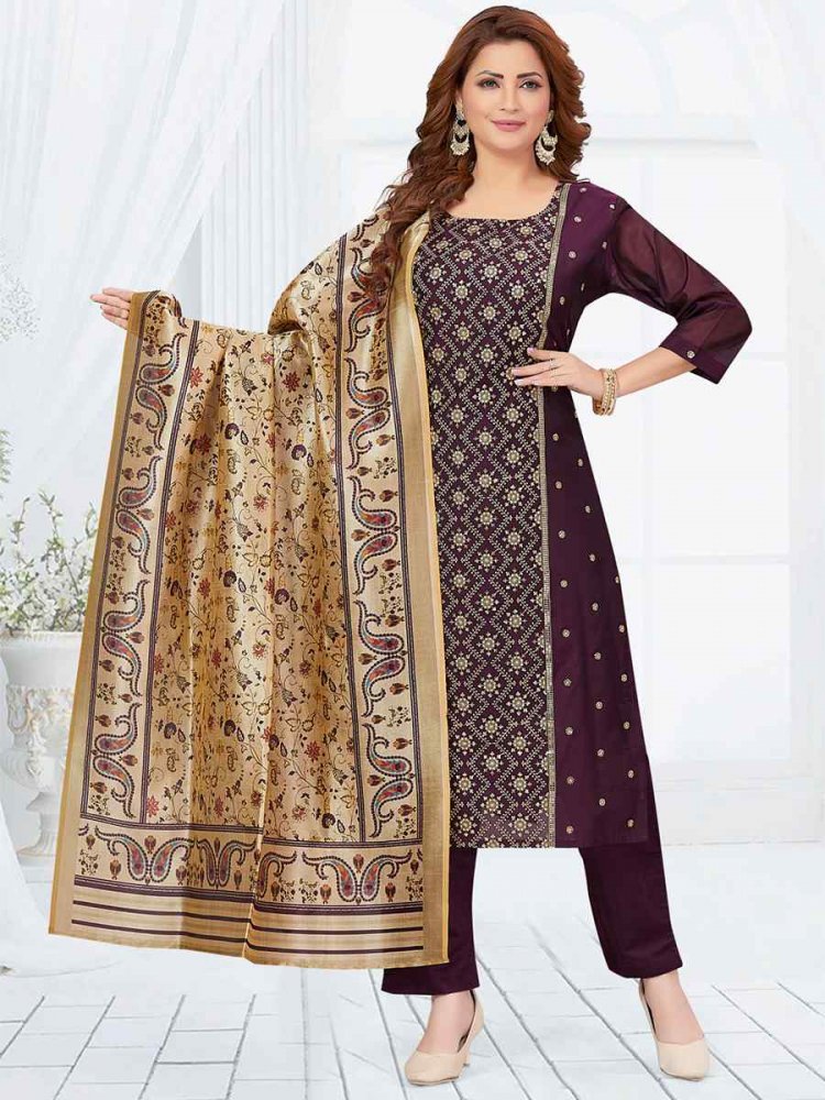 Purple Chanderi Silk Embroidered Festival Wedding Pant Salwar Kameez