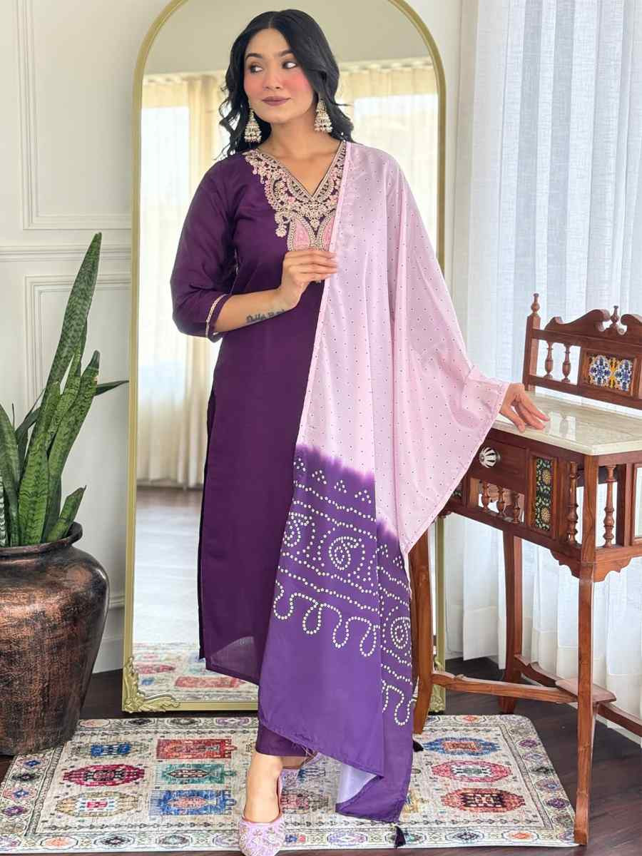 Purple Chanderi Silk Embroidery Party Wedding Festival Casual Ready Pant Salwar Kameez