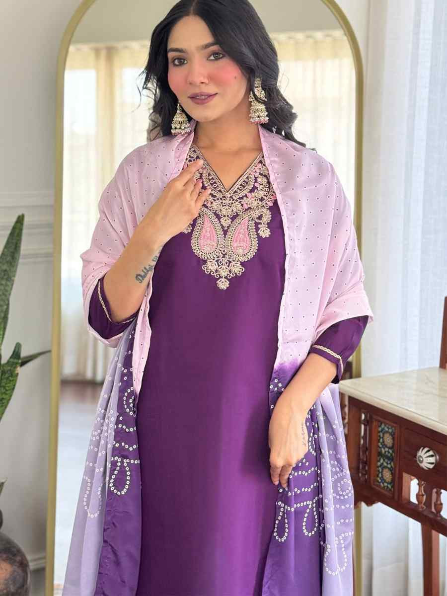Purple Chanderi Silk Embroidery Party Wedding Festival Casual Ready Pant Salwar Kameez