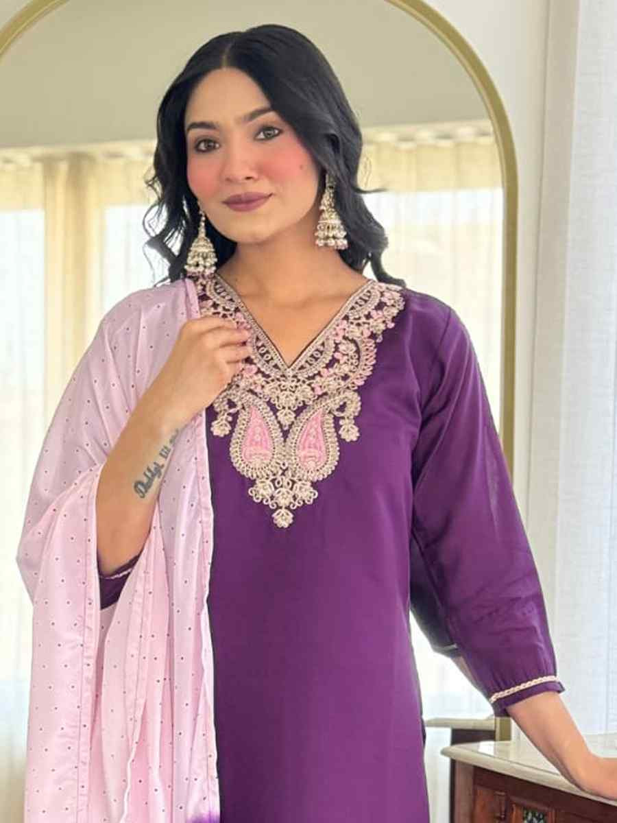 Purple Chanderi Silk Embroidery Party Wedding Festival Casual Ready Pant Salwar Kameez
