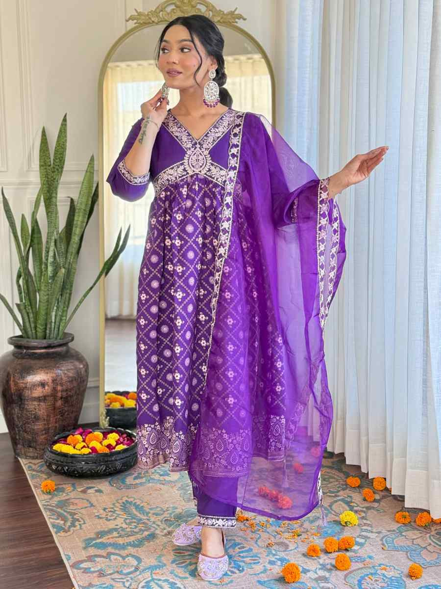Purple Chanderi Silk Embroidery Party Wedding Festival Casual Ready Pant Salwar Kameez