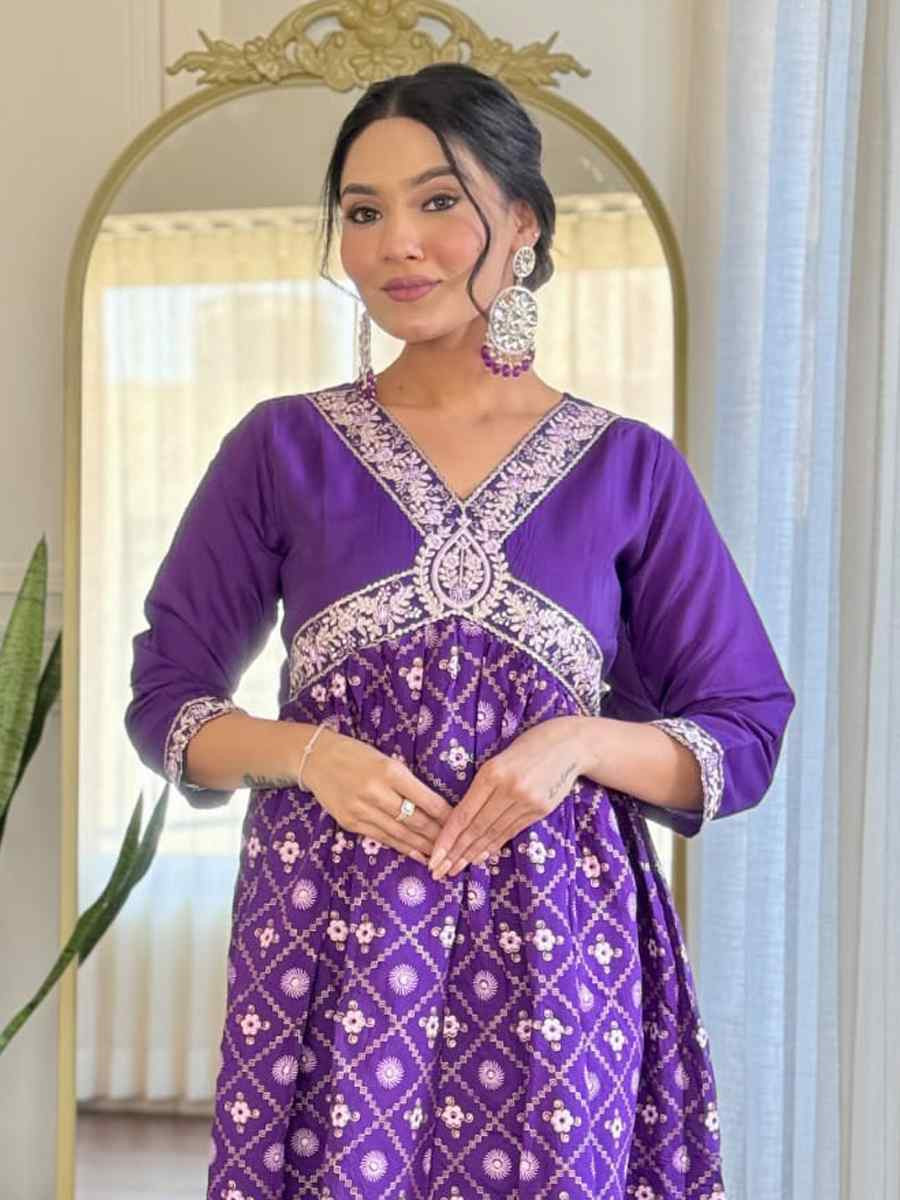 Purple Chanderi Silk Embroidery Party Wedding Festival Casual Ready Pant Salwar Kameez