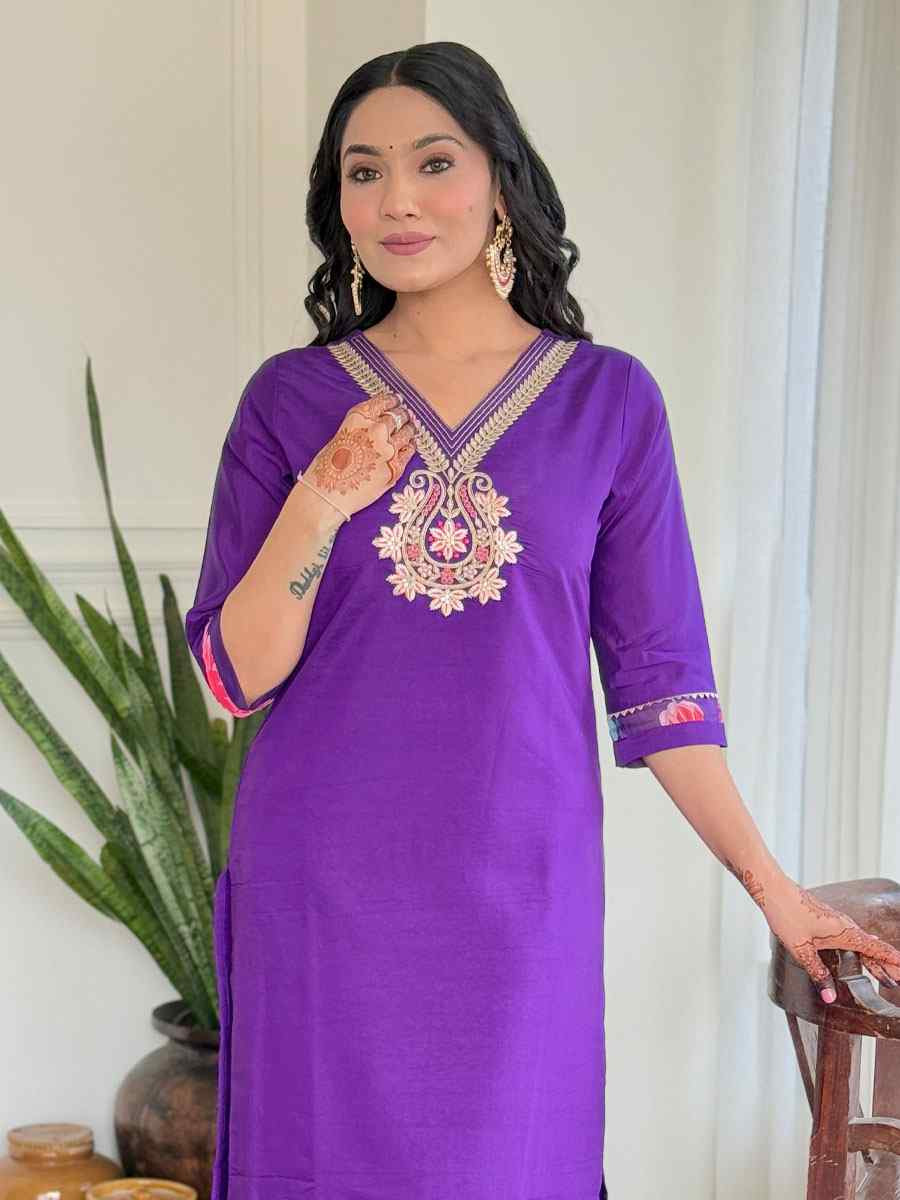 Purple Chanderi Silk Embroidery Party Wedding Festival Casual Ready Pant Salwar Kameez