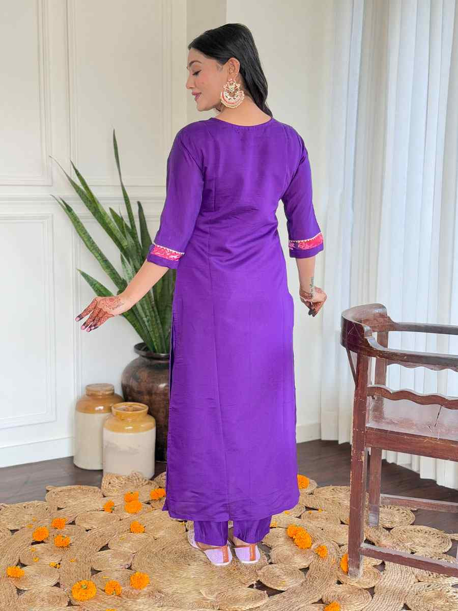 Purple Chanderi Silk Embroidery Party Wedding Festival Casual Ready Pant Salwar Kameez