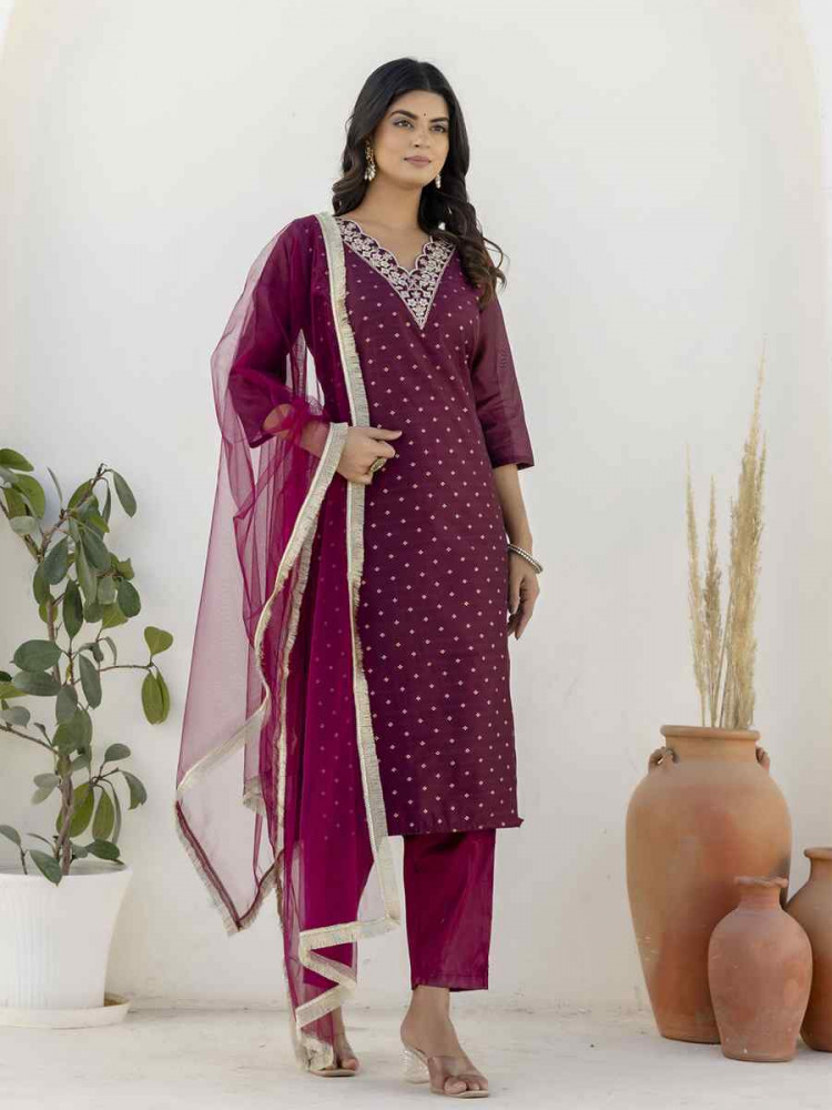 Image of Purple Chanderi Silk Embroidery Party Wedding Festival Casual Ready Pant Salwar Kameez