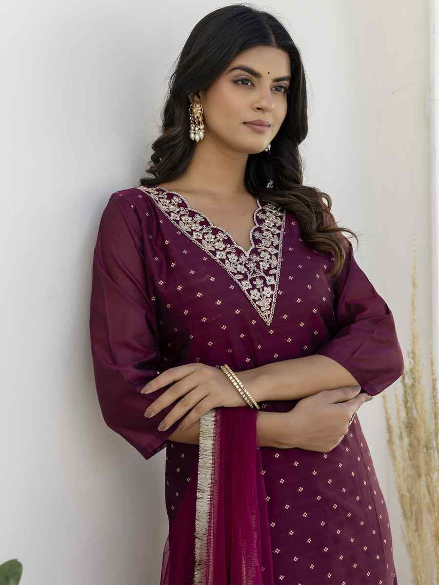 Purple Chanderi Silk Embroidery Party Wedding Festival Casual Ready Pant Salwar Kameez