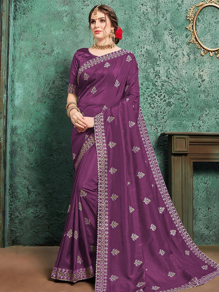 Purple Chiffon Embroidered Festival Saree