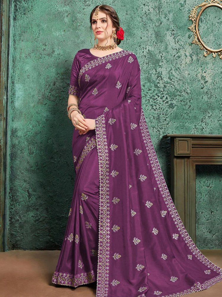 Purple Chiffon Embroidered Festival Saree