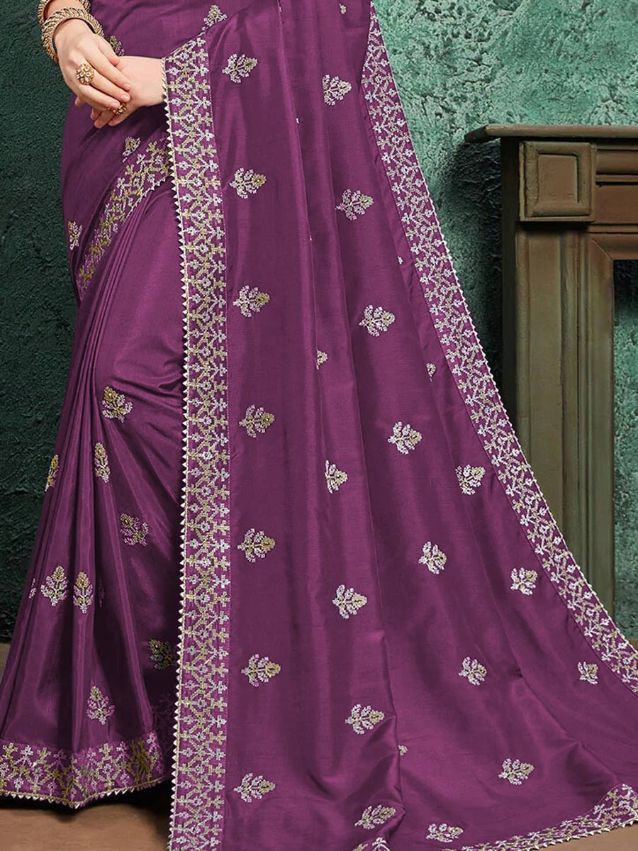 Purple Chiffon Embroidered Festival Saree