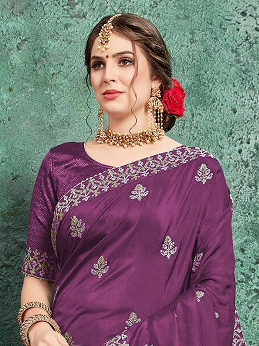 Purple Chiffon Embroidered Festival Saree