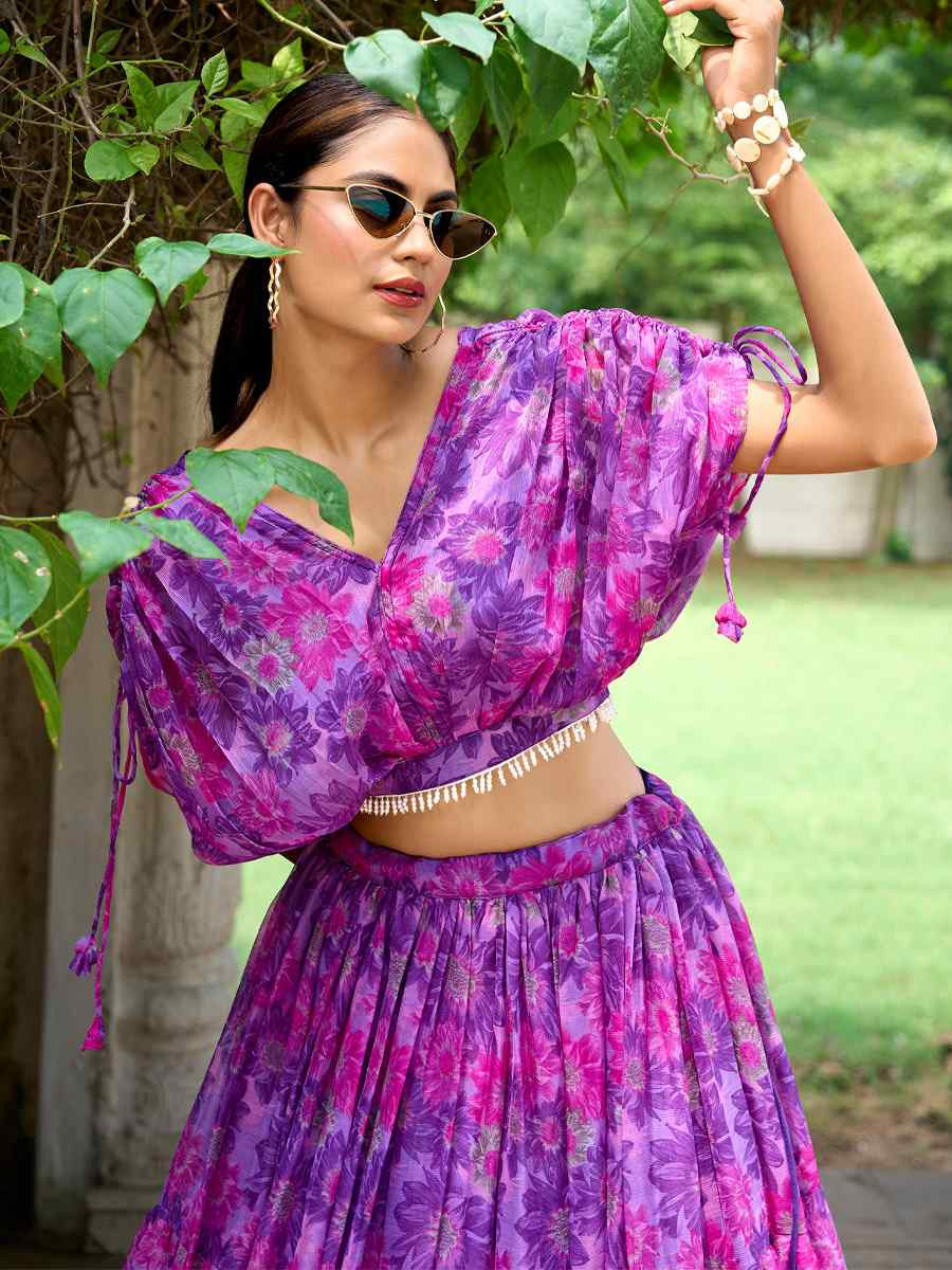 Purple Chiffon Embroidered Festival Wedding Heavy Border Lehenga Choli