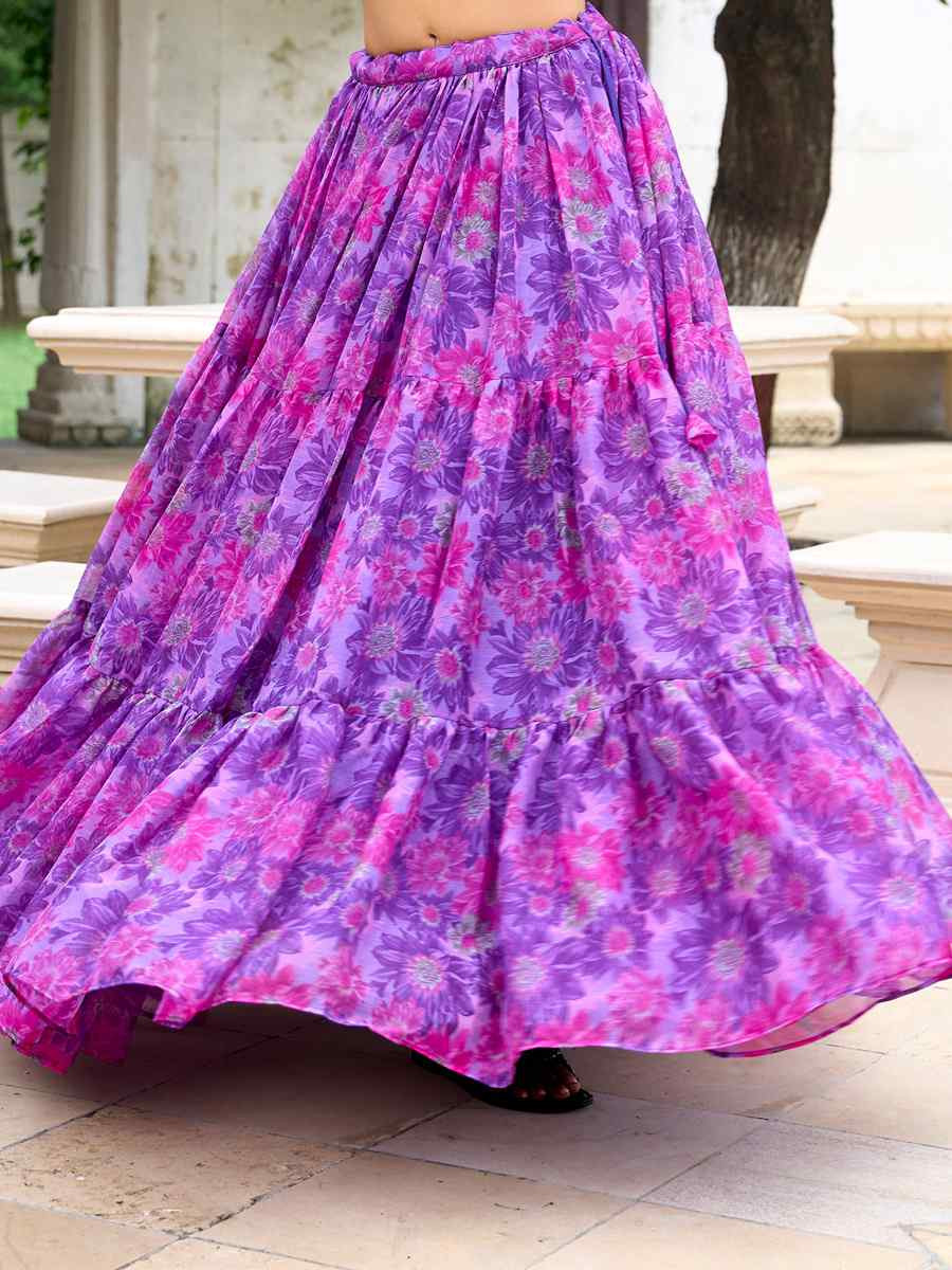 Purple Chiffon Embroidered Festival Wedding Heavy Border Lehenga Choli