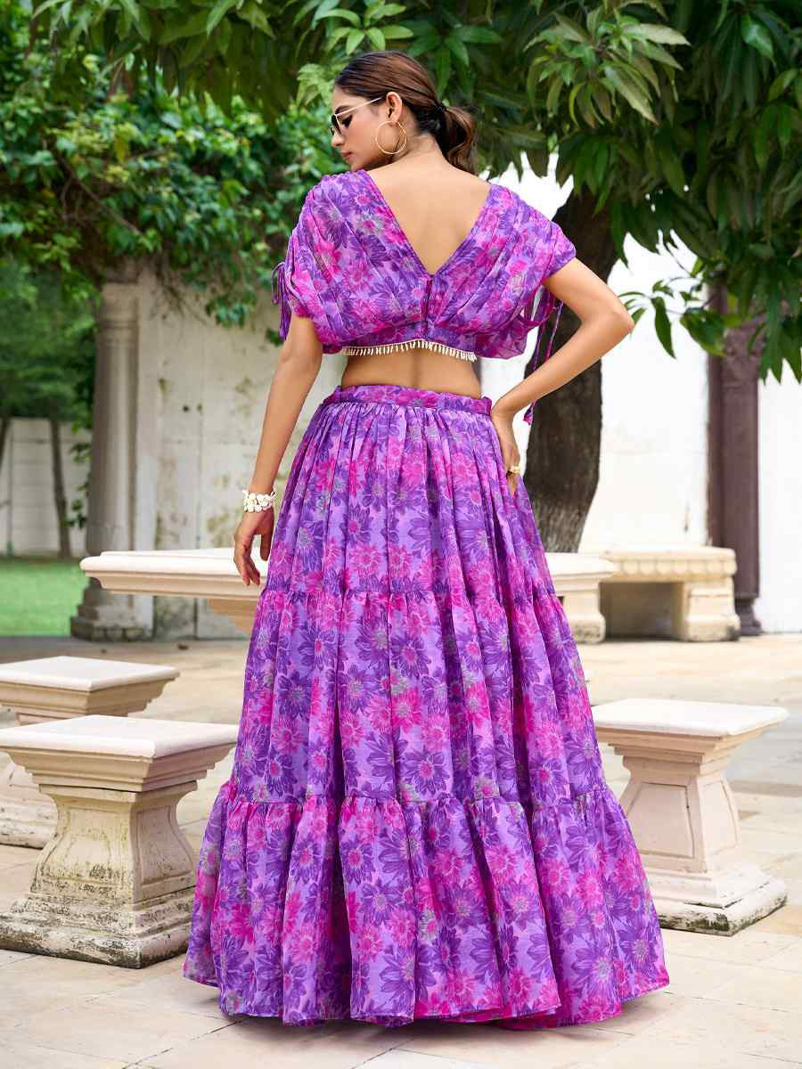 Purple Chiffon Embroidered Festival Wedding Heavy Border Lehenga Choli