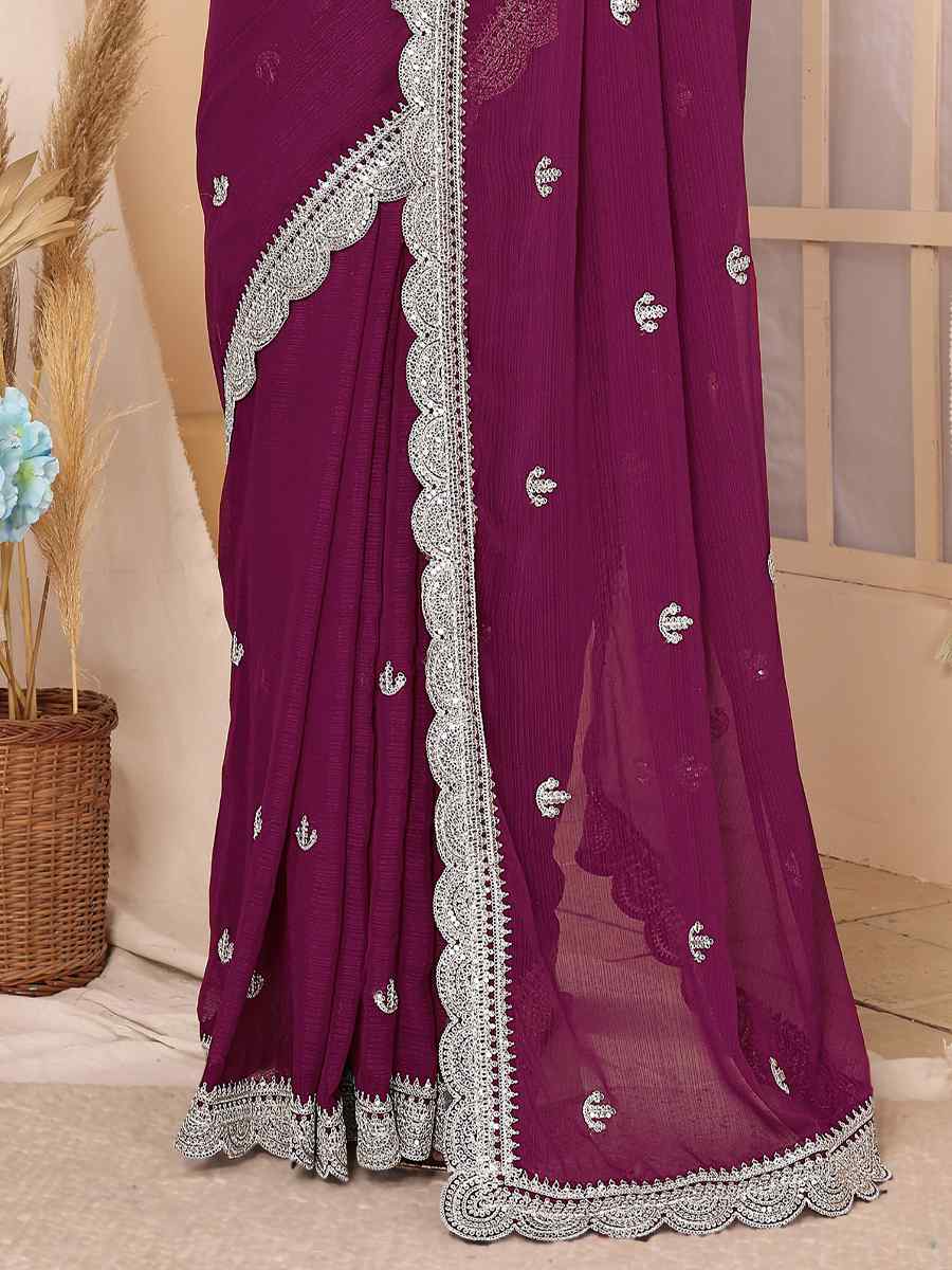 Purple Chiffon Embroidered Festival Wedding Heavy Border Saree