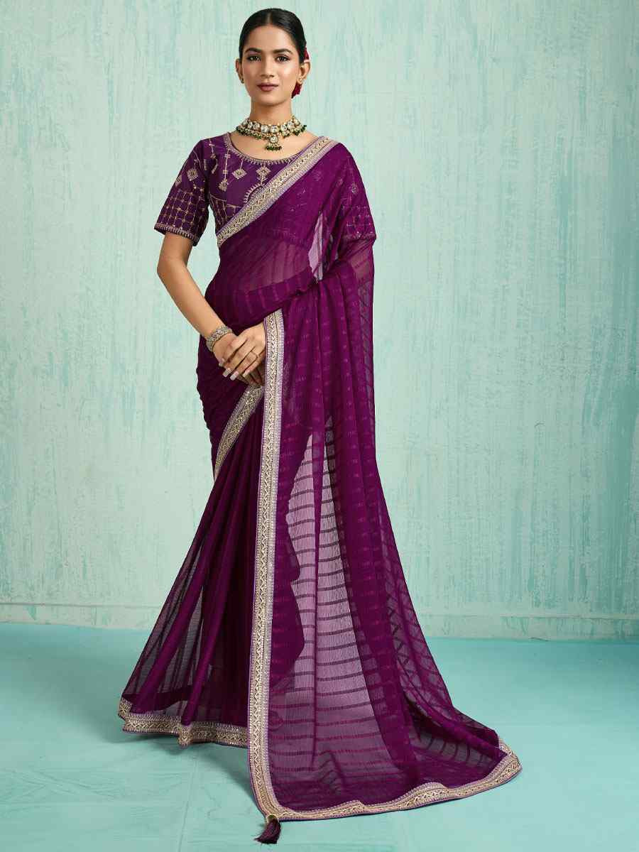 Purple Chiffon Embroidery Bridal Reception Festival Wedding Fancy Heavy Border Saree
