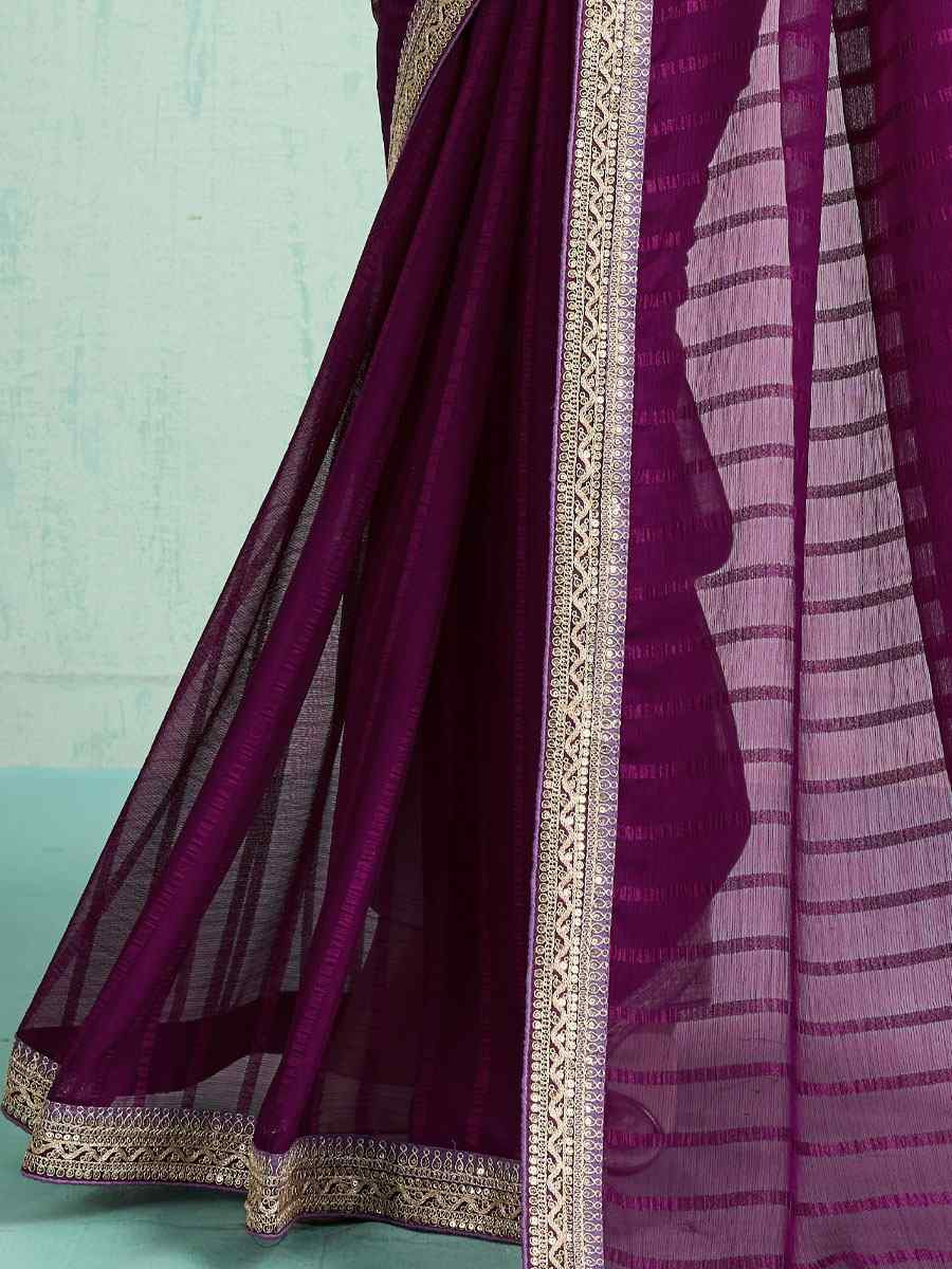 Purple Chiffon Embroidery Bridal Reception Festival Wedding Fancy Heavy Border Saree