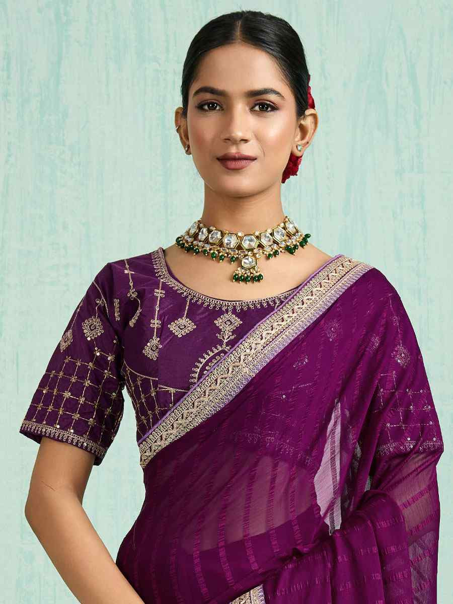Purple Chiffon Embroidery Bridal Reception Festival Wedding Fancy Heavy Border Saree