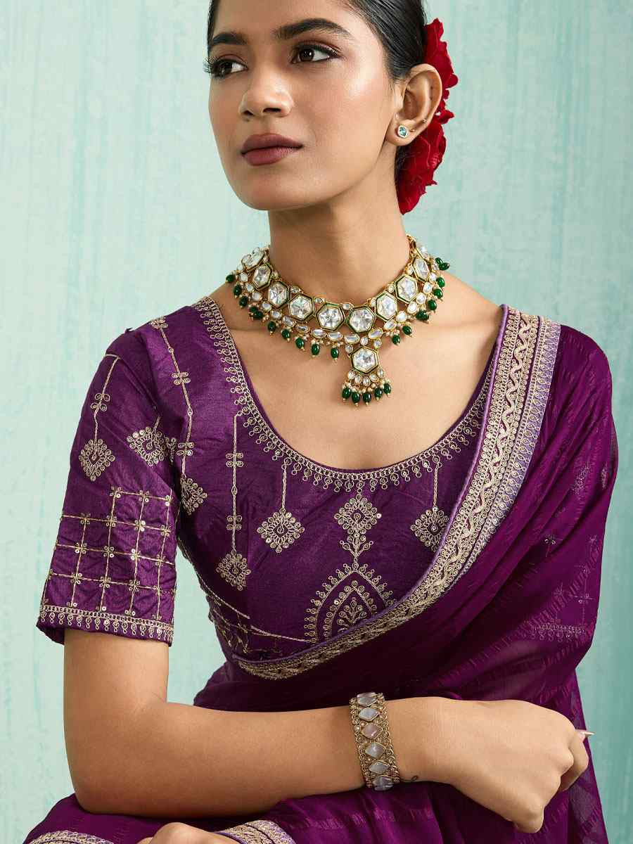 Purple Chiffon Embroidery Bridal Reception Festival Wedding Fancy Heavy Border Saree