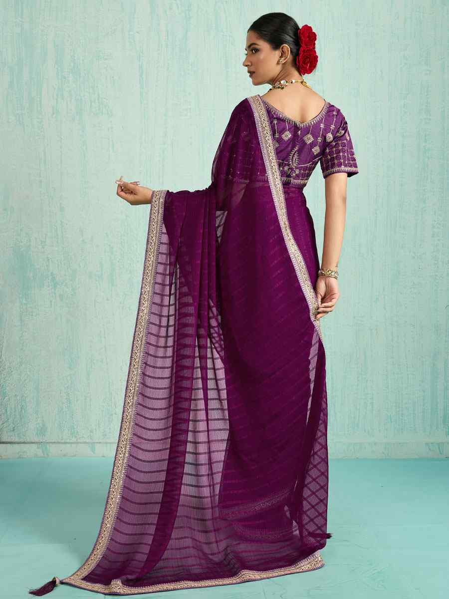 Purple Chiffon Embroidery Bridal Reception Festival Wedding Fancy Heavy Border Saree