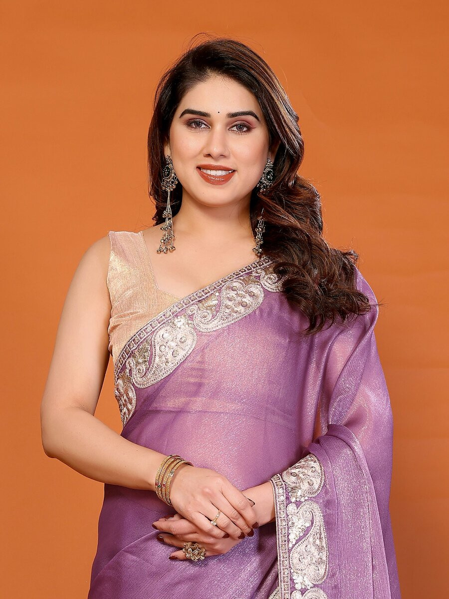 Purple Chiffon Embroidery Wedding Reception Party Festival Heavy Border Sarees