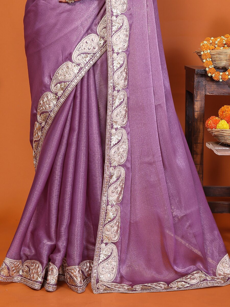 Purple Chiffon Embroidery Wedding Reception Party Festival Heavy Border Sarees