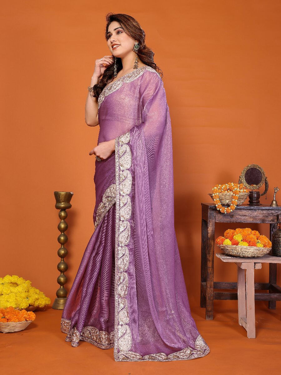Purple Chiffon Embroidery Wedding Reception Party Festival Heavy Border Sarees