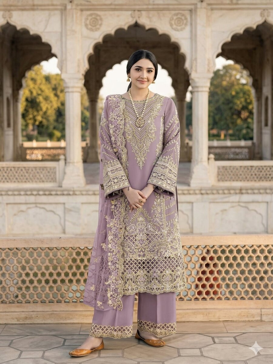 Purple Chiffon Embroidery Zari Sequins Wedding Party Festival Casual Palazzo Pant Salwar Kameez