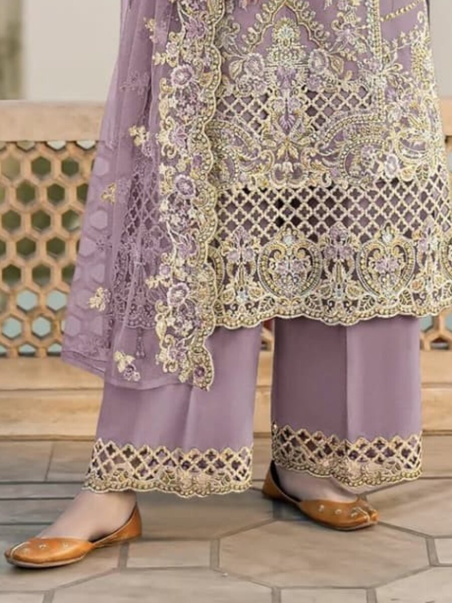 Purple Chiffon Embroidery Zari Sequins Wedding Party Festival Casual Palazzo Pant Salwar Kameez
