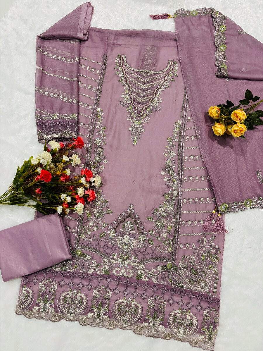 Purple Chiffon Embroidery Zari Sequins Wedding Party Festival Casual Palazzo Pant Salwar Kameez
