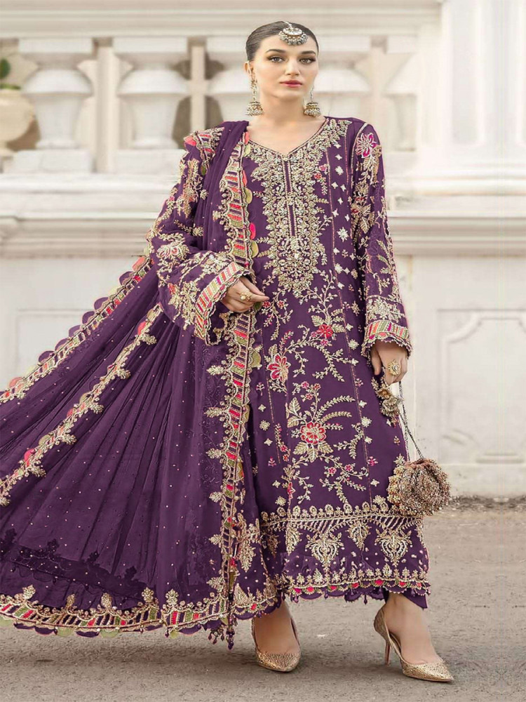 Image of Purple Chiffon Embroidery Zari Sequins Wedding Party Festival Engagement Pant Salwar Kameez