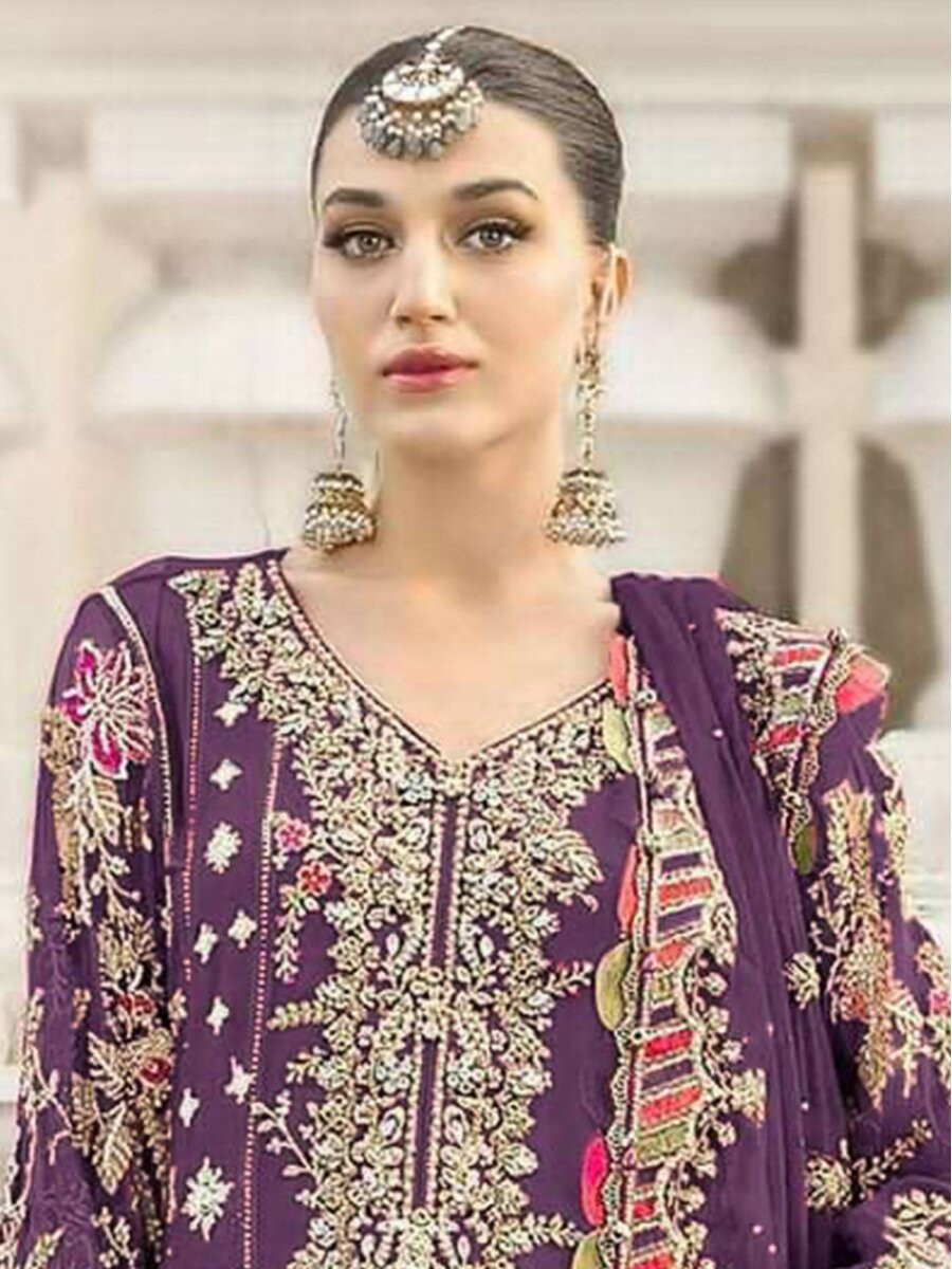 Purple Chiffon Embroidery Zari Sequins Wedding Party Festival Engagement Pant Salwar Kameez