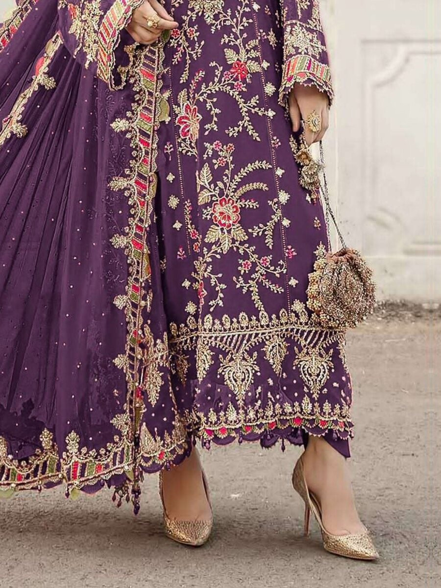 Purple Chiffon Embroidery Zari Sequins Wedding Party Festival Engagement Pant Salwar Kameez