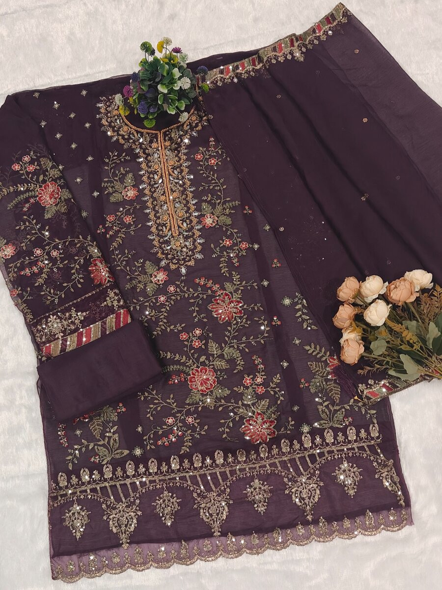 Purple Chiffon Embroidery Zari Sequins Wedding Party Festival Engagement Pant Salwar Kameez
