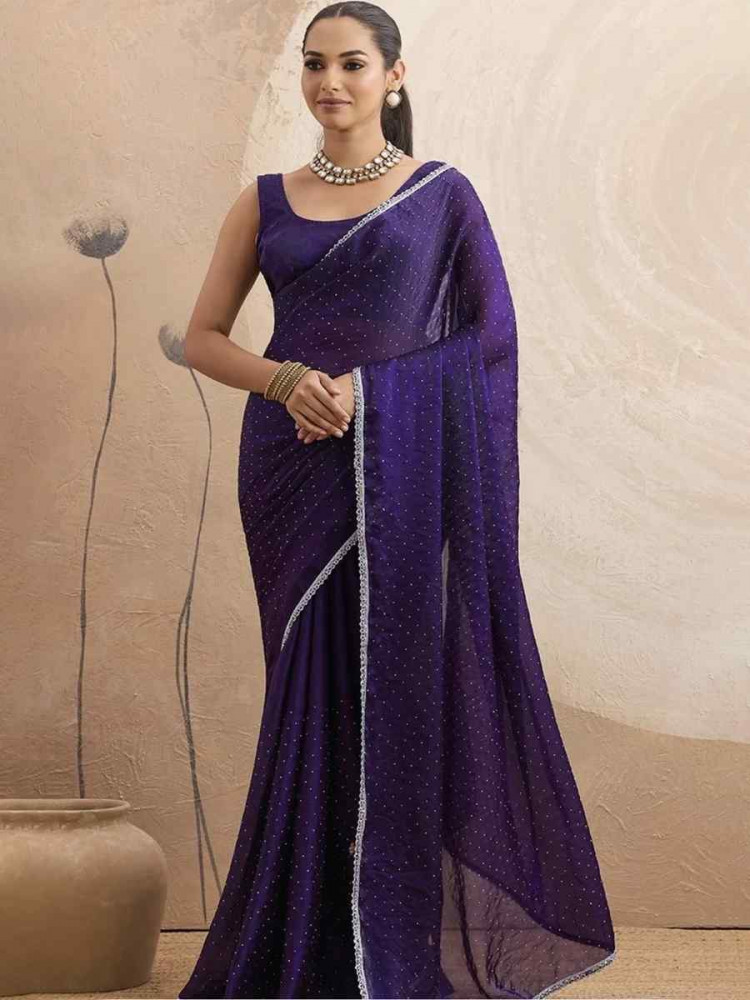 Image of Purple Chiffon Plain Diamond Work Casual Reception Festival Wedding Fancy Classic Style Sarees