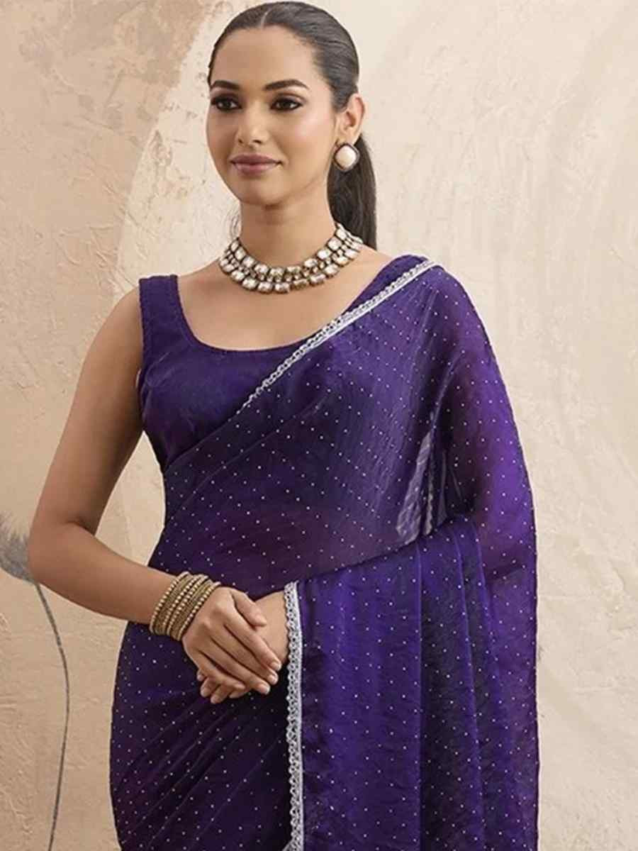Purple Chiffon Plain Diamond Work Casual Reception Festival Wedding Fancy Classic Style Sarees