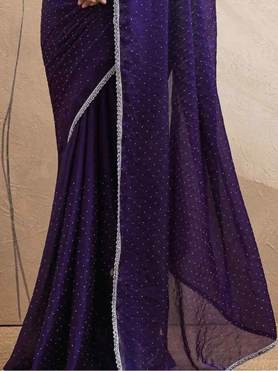 Purple Chiffon Plain Diamond Work Casual Reception Festival Wedding Fancy Classic Style Sarees