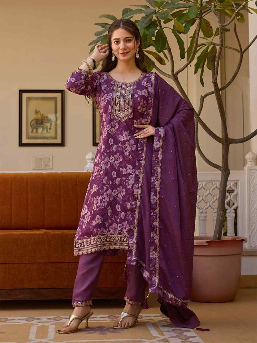 Purple Chinon Embroidered Festival Casual Ready Pant Salwar Kameez