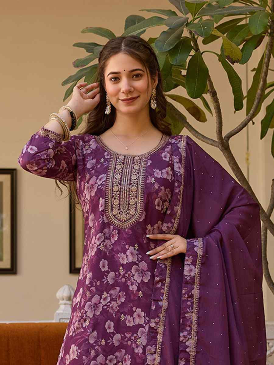Purple Chinon Embroidered Festival Casual Ready Pant Salwar Kameez